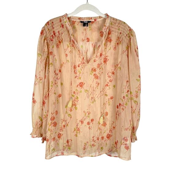 Paige Indira Sheer Floral Blouse Top Women L Metallic Stripe Afterglow Cream Red - Picture 1 of 11